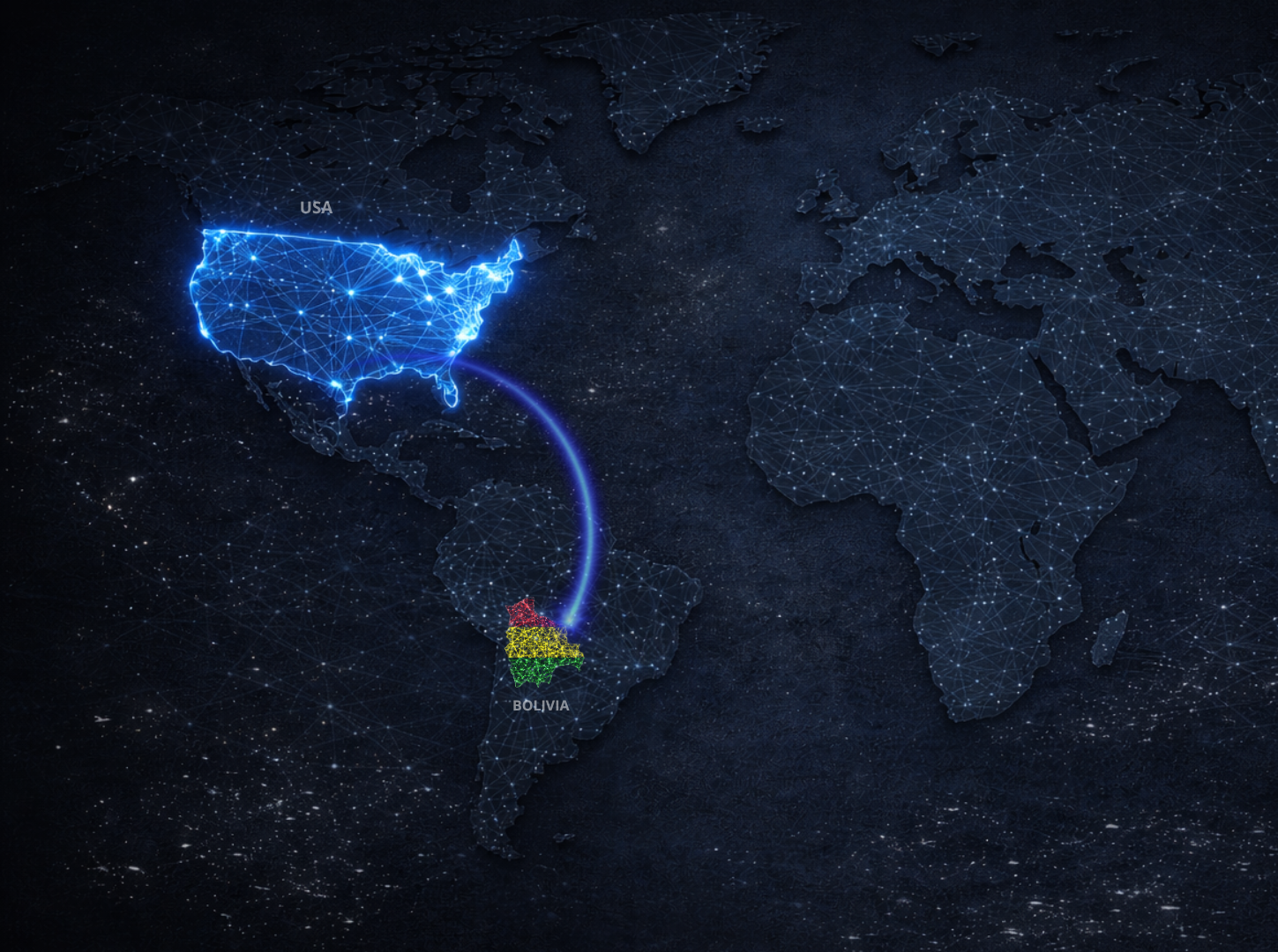 Mapa mundial mostrando conexión entre Altrix Solutions en USA y Marca Fusión en Bolivia